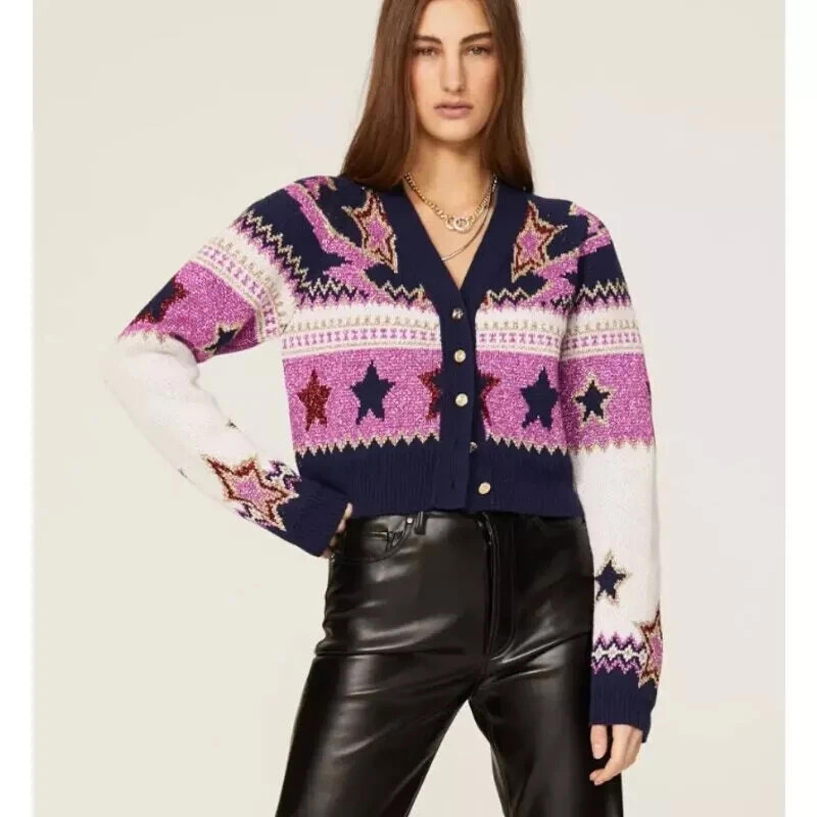 Paco Rabanne Printed Puff Sleeve Metallic Star Crop Cardigan Size M $950 Msrp